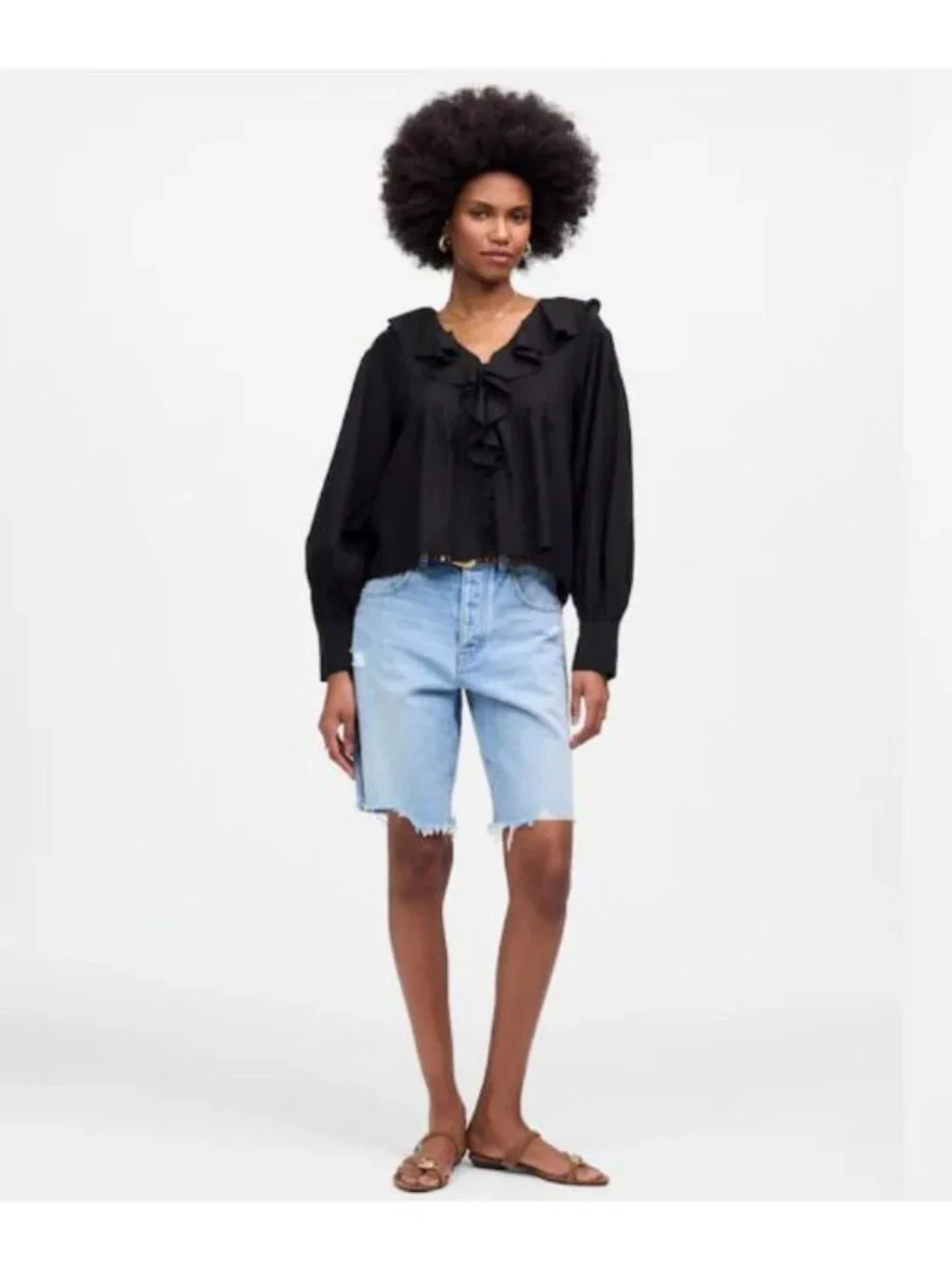 Madewell Ruffled Pintucked Long Sleeve Top Size M Button Up NWT Black Blouse
